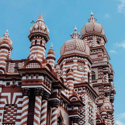 A view on Jami-Ul-Alfar Mosque in Colombo, Sri Lanka on a blue sky backgound